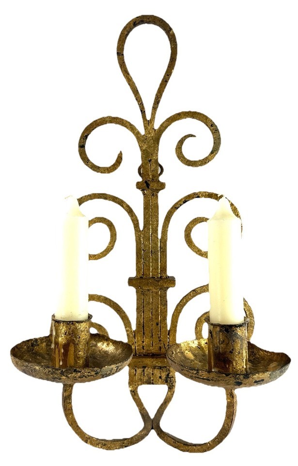 Vintage Spanish Wrought Iron Wall Sconce Double Candle Gold Painted 19” - $49.95