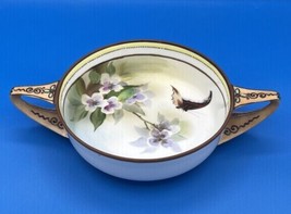 Nippon Hand Painted Butterfly Flower Gold Trim Handled Bowl Open Dish Mo... - $51.31
