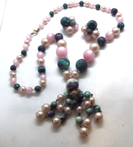 Vtg Necklace Set Pink Plastic Blue Marbled Tassel Strand Clip Earring gr... - $19.79