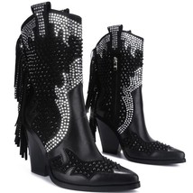 Mixed Color Crystal Tassel Thigh High Boots Women Pointed Toe Square High Heels  - £227.06 GBP