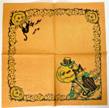 Vintage 30s Halloween Crepe Paper Napkin Black Cat Jol Scarecrow Bats Pumpkin - £15.65 GBP