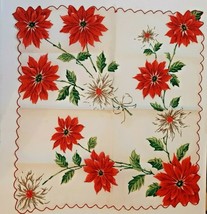 Vintage Christmas Hankie Handkerchief Red and White Poinsettias Scalloped 13.5&quot; - £11.84 GBP