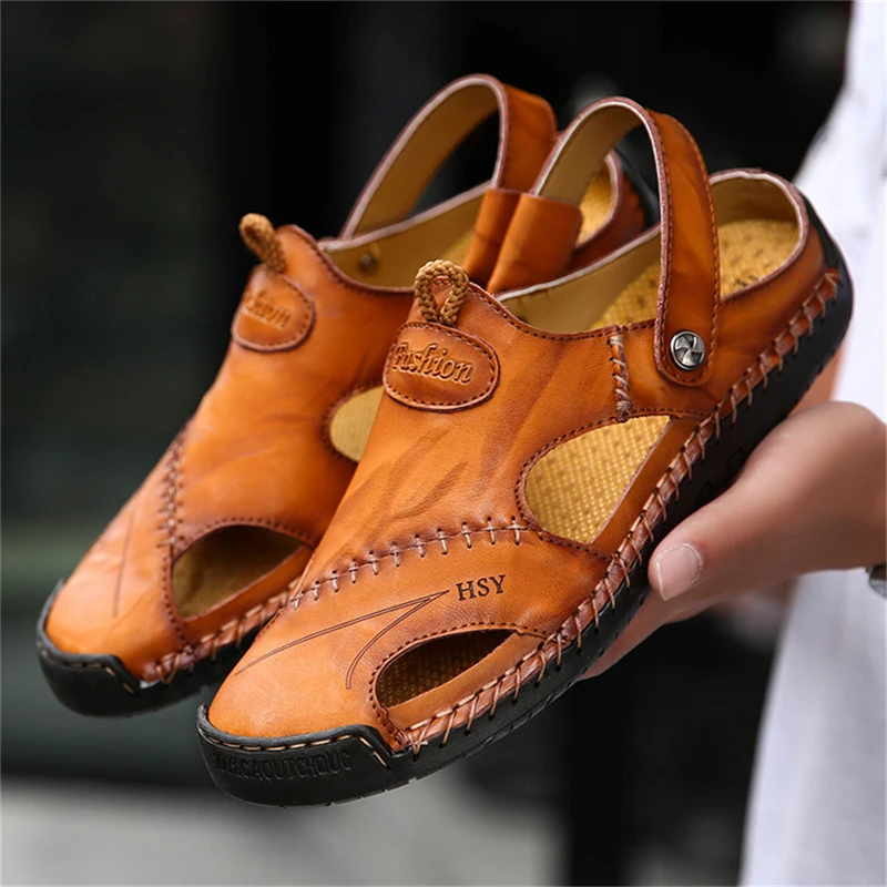 New Summer Men&#39;s Sandals Men Leather Shoes Durable Handmade Stitching Close Toe  - £92.96 GBP