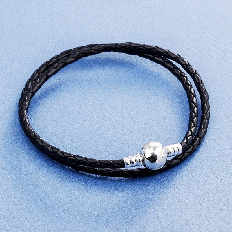 925 Sterling Silver Round Clasp Moments Double Black Leather Bracelet