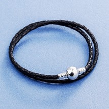 925 Sterling Silver Round Clasp Moments Double Black Leather Bracelet  - £16.66 GBP