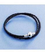 925 Sterling Silver Round Clasp Moments Double Black Leather Bracelet  - $31.28 CAD