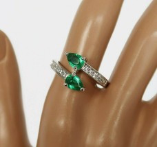 925 Sterling Silver Two Headed Snake Green &amp; White Rhinestone Ring - $29.99