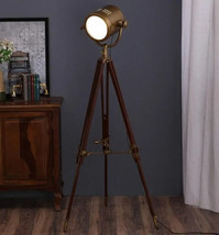 Antique Nautical Brass Floor Lamp Wooden Tripod Stand Adjustable Corner Light - £335.28 GBP