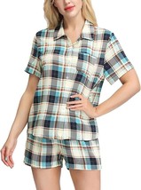 Women&#39;s Pajama Set Button Up Shirt for Summer w/ Shorts Size 2XL Blue Plaid - £10.11 GBP