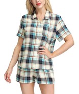 Women&#39;s Pajama Set Button Up Shirt for Summer w/ Shorts Size 2XL Blue Plaid - £10.24 GBP