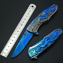 Blue Mermaid Titanium Artwork Blade &amp; Handle Folding Pocket Knife - £69.80 GBP