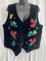 Vtg Westbound Holiday Women&#39;s Embroidered Floral Petite Black Velour Ves... - £9.58 GBP