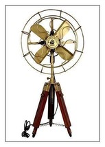 Brass Antique Electric Pedestal Fan With Wooden Tripod Stand Vintage gift - £150.33 GBP