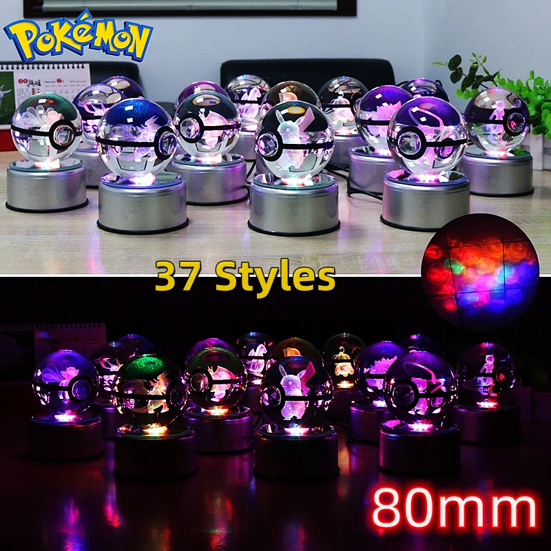 Pokemon Crystal Ball 3D Carving Pikachu Gengar Mewtwo Statue Character LED Night - £31.04 GBP