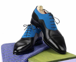 Men Oxford Two Tone Blue Suede Black Derby Cap Toe Leather Lace Up Shoes US 7-16 - £109.26 GBP