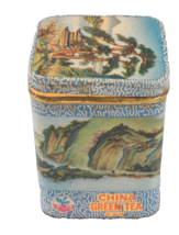 Vintage Shanghai Green Tea Tin with Watercolor Landscapes Empty - $12.19