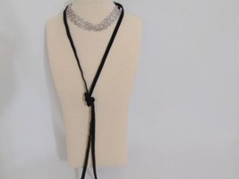 INC Silver-Tone Crystal Pave Scalloped Black Ribbon Choker Necklace E766 - £11.46 GBP