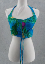 Hibiscus Collection Halter Crop Top Blouse Blue Tropical Adjustable Ruche NWOTWD - £7.89 GBP