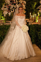 Off the Shoulder A-line Long Satin Wedding Dress Long Sleeves Women Brid... - $179.90