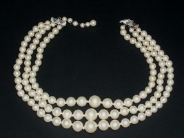 Necklace Pearl Silver Tone Triple Strand Costume Jewelry Vintage 1950&#39;s ... - $19.99