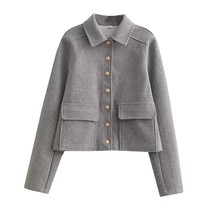 TRAFZA Spring Women Elegant Grey Cropped Coat Metal Button Lapel Jacket Coats Wi - £39.81 GBP
