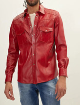 Red Stylish Formal Men Genuine Leather Lambskin Shirt Handmade Casual Cl... - £62.05 GBP+