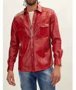 Red Stylish Formal Men Genuine Leather Lambskin Shirt Handmade Casual Cl... - $2,185.63 MXN+