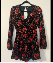 Charlotte Russe Velvet Long Sleeve Deep V-Neck Black Floral Romper, Size... - $20.00