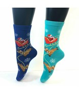 2 PAIRS Foozys Women&#39;s Socks, Santa &amp; Reindeer, Blue, NEW - $8.99