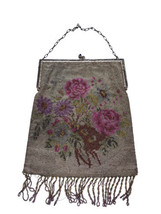 Antique Evening Bag Purse Beaded Fringe Victorian Romantic Roses Art Nouveau - £223.93 GBP