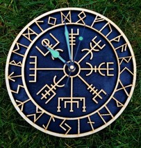 Handmade Wooden wall Clock Viking Vegvisir Pagan Witch Runes Home Gift N... - £37.09 GBP