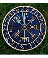 Handmade Wooden wall Clock Viking Vegvisir Pagan Witch Runes Home Gift Norse  - $46.51