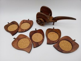 Vintage Handcrafted Rustic Wooden Wagon Buggy Cart with 6 Wood Apple Coasters - £9.73 GBP