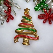 Vintage Gold Tone Red Green Christmas Tree Zig Zag Brooch Pin 2 1/4&quot; Tall - £6.61 GBP