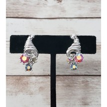 Vintage Clip On Earrings Silver Tone Hat With Iridescent Gems - One Gem Missing - £10.24 GBP