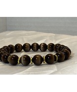Brown Cat&#39;s Eye Men&#39;s Beaded Bracelet on Stretch Cord Gold Spacer Beads ... - £13.36 GBP