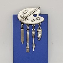 J Jonette Artist&#39;s Palette Brooch with Painting Dangles Pewter Silver Tone Pin - £15.69 GBP
