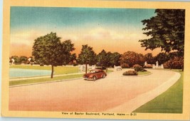 View of Baxter Boulevard w Old Cars Linen Portland Maine Postcard - £6.95 GBP