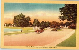 View of Baxter Boulevard w Old Cars Linen Portland Maine Postcard - $8.87