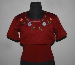 VTG MYRIAM Embroidered Flowers Scalloped Borders Tight Waist S/S Sweater Wm&#39;s S - £19.97 GBP