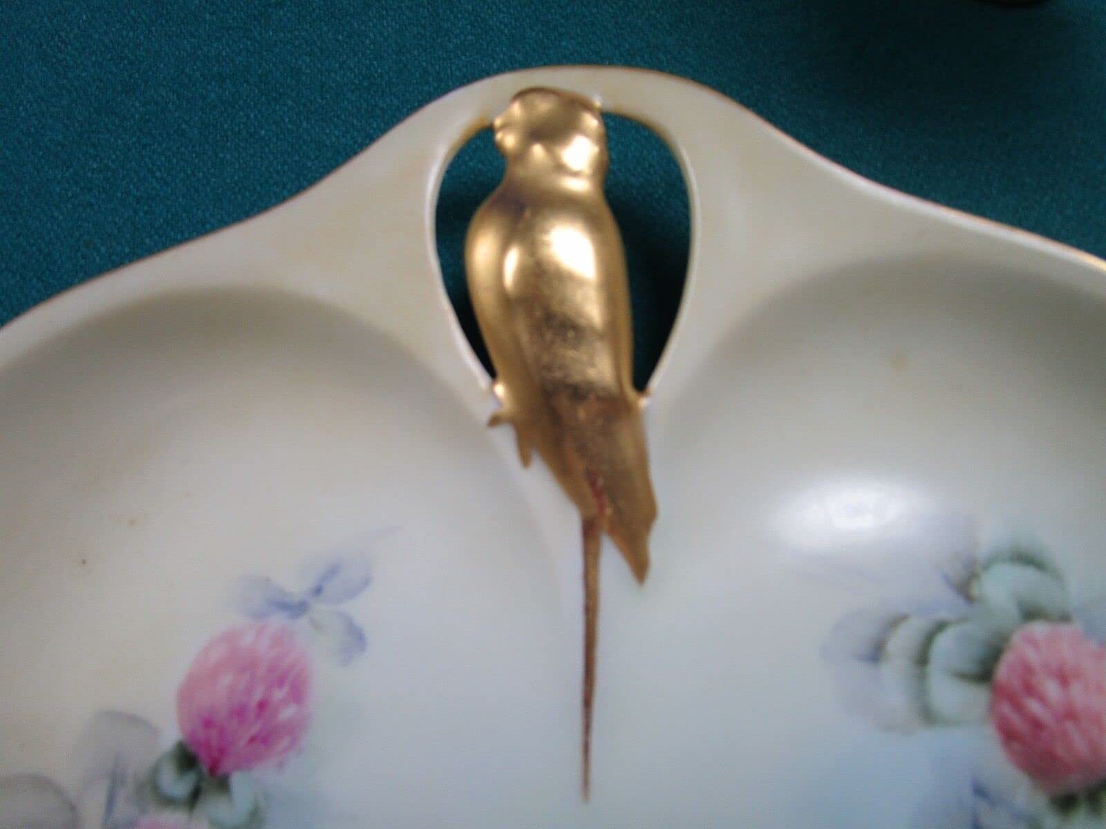 RS Prussia Tillowitz Silesia 6 1/2 Heart Shaped Golden Bird Cabinet Vanity Dish Item image 4