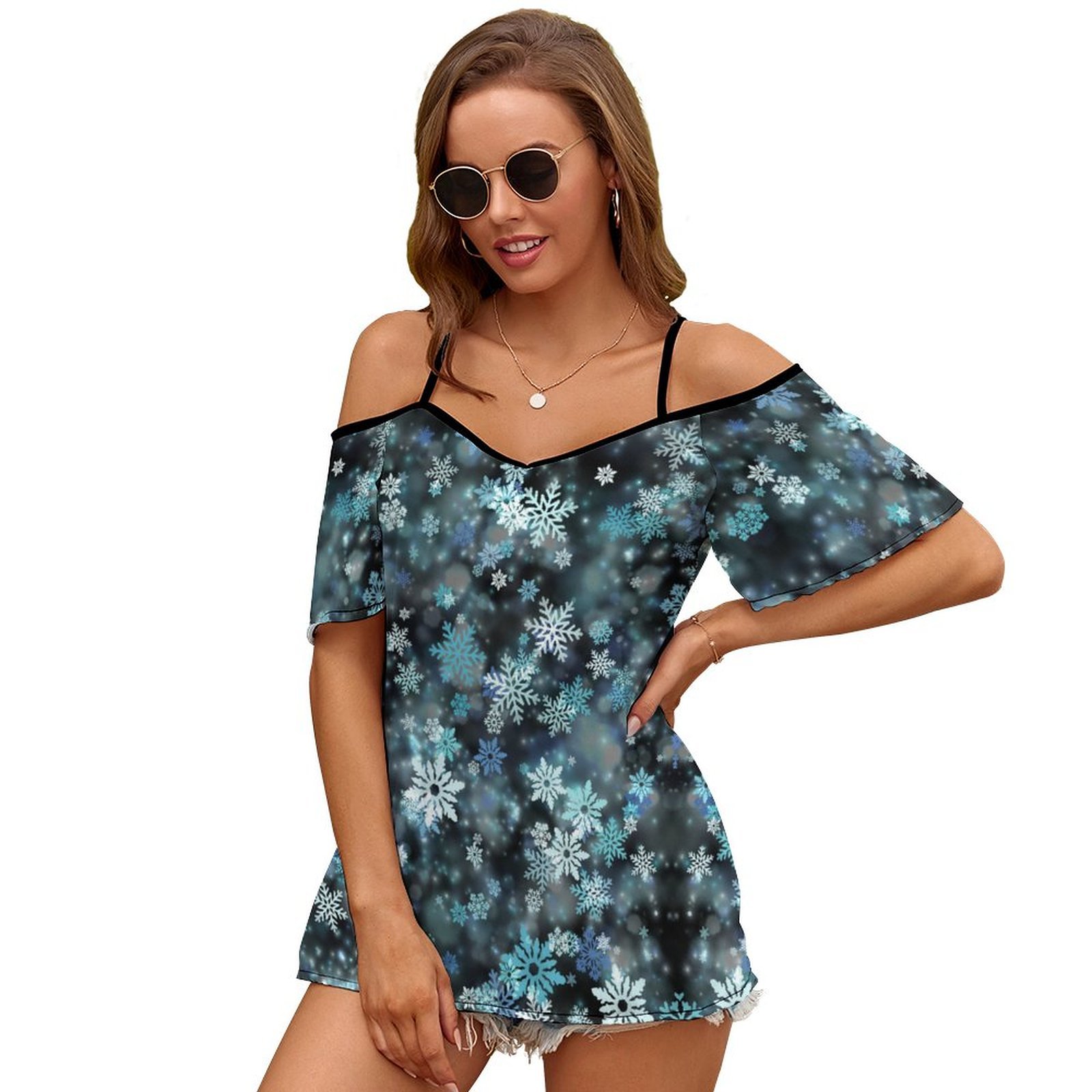 Mondxflaur Snowflake T Shirts for Women Short Sleeve Spaghetti Strap Top Clothes