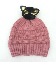 Kids Gilrs Cable Knit Beanie Hat with Animal FACE Fur Pom Pom Soft Stret... - £6.75 GBP
