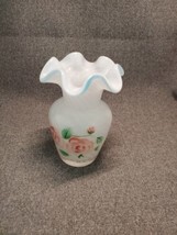 Handpainted Art Glass Pink Roses on Aqua Crest Opalescent Swirl Crimped Vase 6&quot; - £13.66 GBP