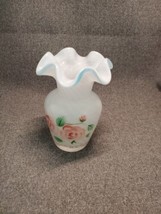 Handpainted Art Glass Pink Roses on Aqua Crest Opalescent Swirl Crimped Vase 6&quot; - £14.01 GBP