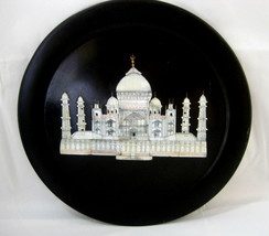 Mother-of-Pearl Finely Incised Nacre Taj Mahal on Black 8&quot; Plate Crafted... - £63.82 GBP