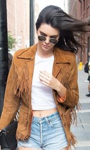 Women fringe leather jacket brown tan suede leather western jacket with fringe - £204.59 GBP