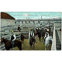 Chicago IL, Union Stock Yards Cattle Run and Pens Cowboys Vintage Postcard - £7.78 GBP