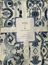 &quot;FESTIVE LIGHTS&quot; 1pc 60&quot; x 104&quot; HANUKKAH TABLECLOTH NAVY BLUE/SILVER ETC... - $44.27