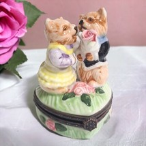 Limoges Inspired Courting Cat Couple on Top of Heart-Shape Trinket Ring Pill Box - $11.88